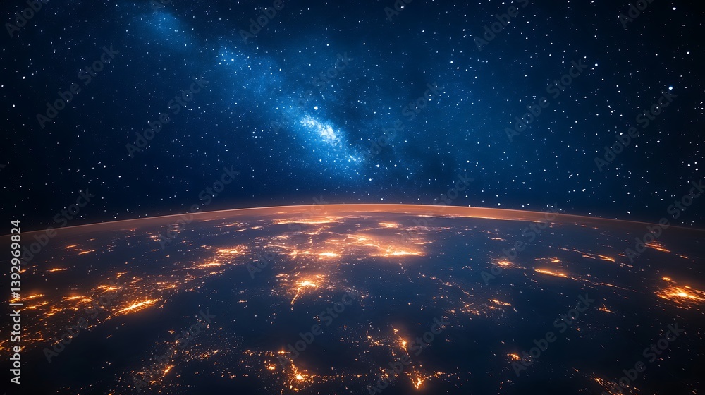 Obraz premium Earths cityscape shines brightly under a beautiful starry night sky