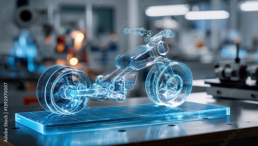 Obraz premium Futuristic holographic motorcycle design in a modern laboratory.