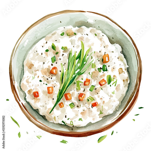 Savory Oatmeal, watercolor illustration, isolated on a white background.

