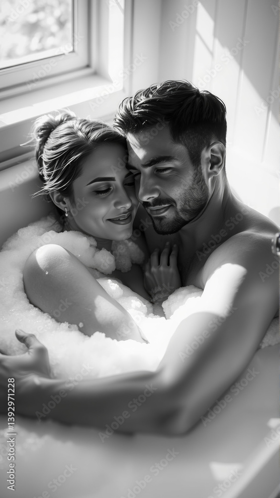 Fototapeta premium Monochrome image of a bathtub filled with foam. In the bathtub, a woman and a man in love are embracing