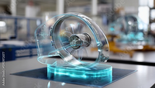 Futuristic holographic engine part in a tech lab.