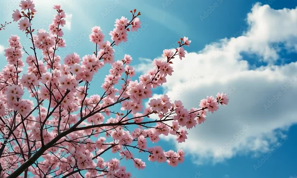 Cherry Blossom Tree With Branches Stretching From Top Left To Bottom Right, Pink Flowers Gently Swaying In The Wind, Blue Sky With Clouds Drifting In The Background. 4k video Cherry Blossom Tree With Branches Stretching From Top Left To Bottom Right, Pink Flowers Gently Swaying In The Wind, Blue Sky With Clouds Drifting In The Background. 4k video
