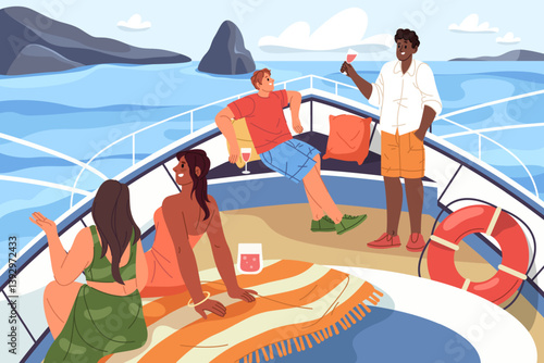 People sailing on yacht or at cruise boat. Vector ocean or sea adventure, water party. Friends marine or nautical travel, coastline tourism. Holiday and relaxation on ship deck. Vacation leisure.