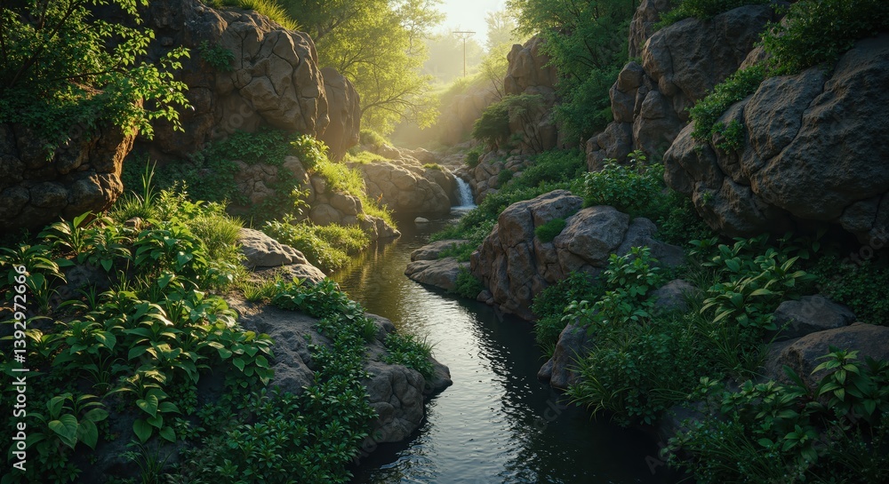 Serene stream flowing through lush green canyon Serene stream flowing through lush green canyon