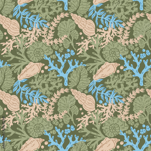 Seamless pattern of corals and shells. Sea coral reef polyps and algae, tropical ocean, underwater wildlife and marine flora, textile or wallpaper background design.