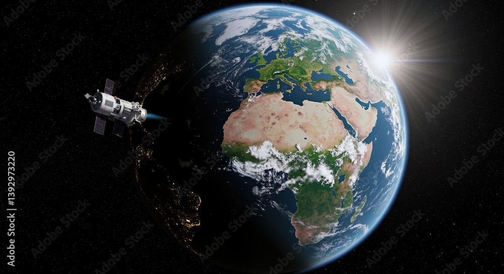 Fototapeta premium Satellite orbiting Earth with sunrise in the background 