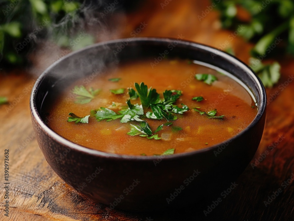 Bowl of soup on wooden table Bowl of soup on wooden table