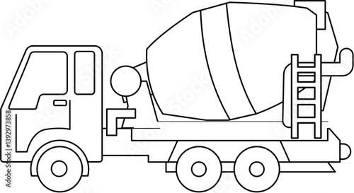 Line Art Illustration: Cement Mixer Truck, Side View