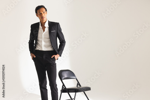 Confident man in stylish suit posing next to chair in fashion studio