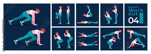 Women doing fitness and yoga exercises. Lunges, Pushups, Squats, Dumbbell rows, Burpees, Side planks, Sit ups, Glute bridge, Leg Raise, Russian Twist, Side Crunch .etc