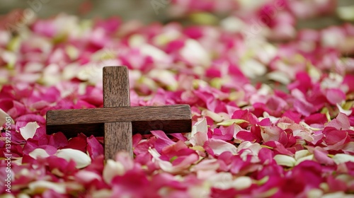 Christian cross surrounded by pink rose petals faith hope love religion spirituality remembrance church 100