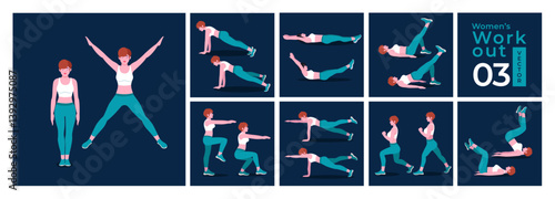 Women doing fitness and yoga exercises. Lunges, Pushups, Squats, Dumbbell rows, Burpees, Side planks, Sit ups, Glute bridge, Leg Raise, Russian Twist, Side Crunch .etc