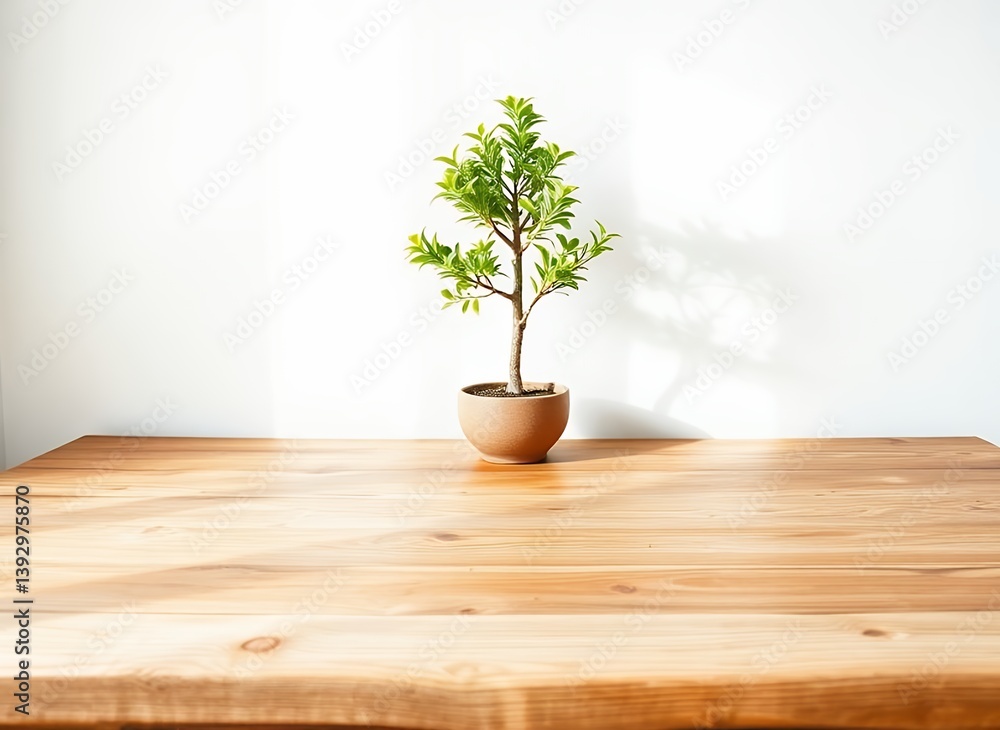 Fototapeta premium Minimalist Bamboo Plant in Wooden Pot on Table
