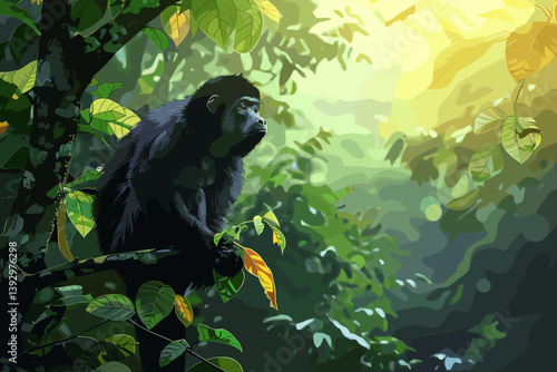 Monkey sitting thoughtfully in lush green jungle  