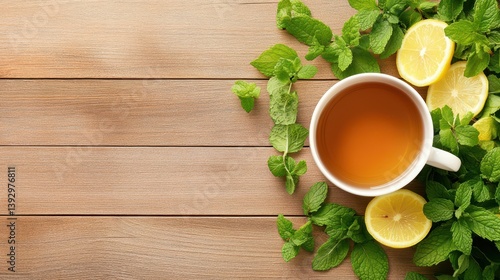 Aromatic Mint and Lemon Tea: A serene composition features a pristine white cup of tea nestled amidst fresh green mint leaves and bright yellow lemon slices.