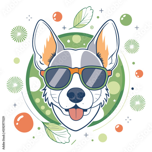 Dog wearing sunglasses stylishly in a fun and colorful backdrop with leaves and circles. The concept of humor, individuality and style 