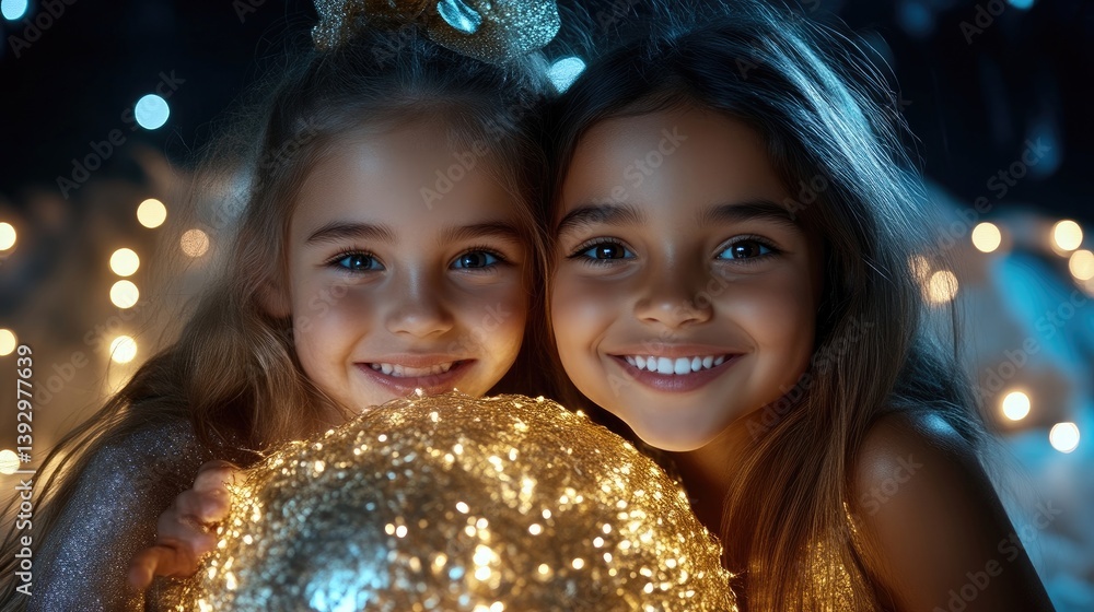 Naklejka premium Two young girls, smiling, sharing a glowing orb, in a soft, festive setting