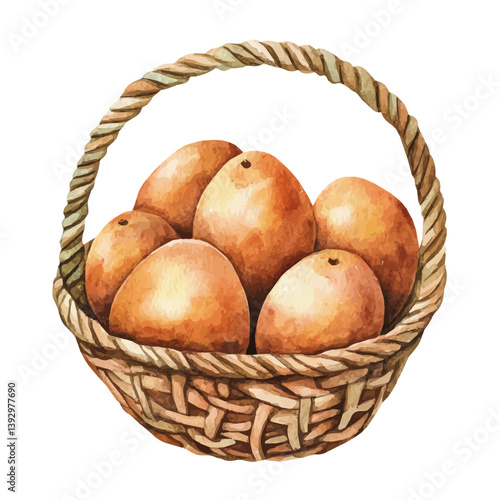 Sapodilla basket, watercolor illustration, isolated on a white background.

