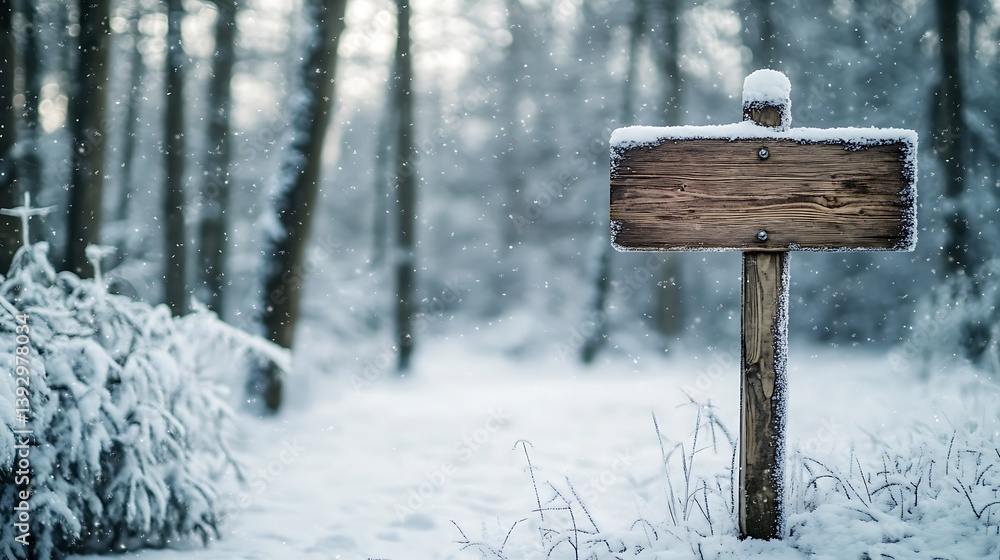 Snowy Winter Forest Featuring a Rustic Wooden Sign Covered with Fresh Snow Snowy Winter Forest Featuring a Rustic Wooden Sign Covered with Fresh Snow