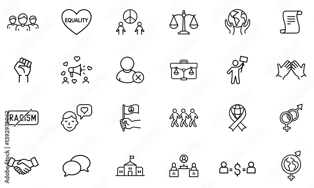 Fototapeta premium Outline icon set focused on racial equality and inclusion. Icons include unity, justice, anti-racism, and diversity symbols. Modern editable stroke design.