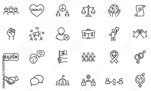 Outline icon set focused on racial equality and inclusion. Icons include unity, justice, anti-racism, and diversity symbols. Modern editable stroke design.