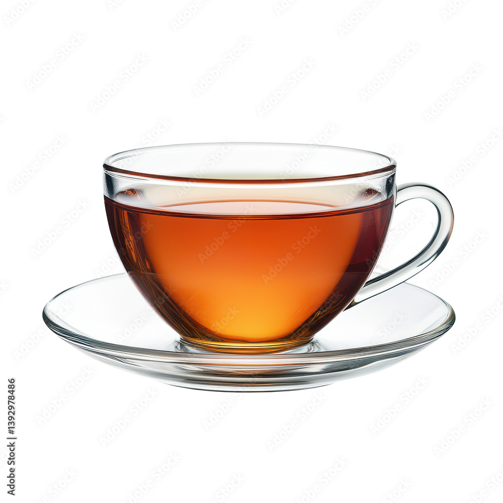 Glass Cup of Tea: A transparent glass teacup, filled with rich, amber-colored tea, rests gracefully on a matching saucer, evoking tranquility and warmth. Glass Cup of Tea: A transparent glass teacup, filled with rich, amber-colored tea, rests gracefully on a matching saucer, evoking tranquility and warmth.