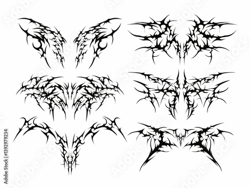 Set of neo tribal Tattoo. cyber sigilism symmetrical shapes. Cyber ​​Gothic Element streetwear vector design pattern in Abstract black isolated on White background