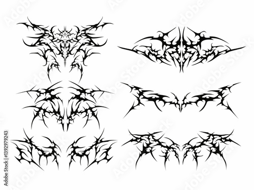 Set of neo tribal Tattoo. cyber sigilism symmetrical shapes. Cyber ​​Gothic Element streetwear vector design pattern in Abstract black isolated on White background