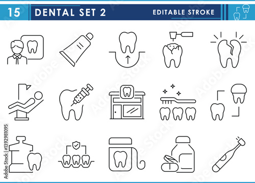 A set of line icons related to Dental. Dentist, toothpaste, transplant, surgery, medicine, and so on. Vector editable stroke.
