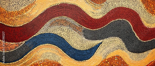 Abstract painting with wavy lines in red blue brown and beige colors.