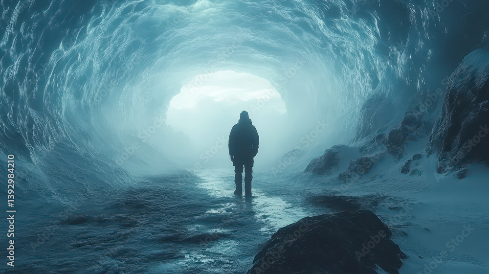 Fototapeta premium Adventurer Exploring Mystical Glacial Ice Cave with Majestic Blue Interiors