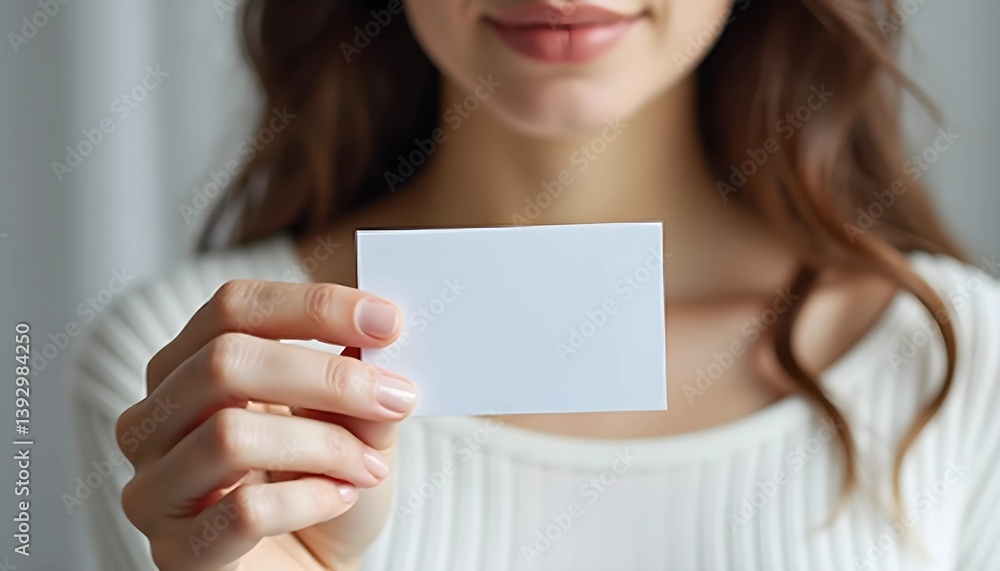 Woman holding a blank business card mock up, smiling, against a soft background Woman holding a blank business card mock up, smiling, against a soft background