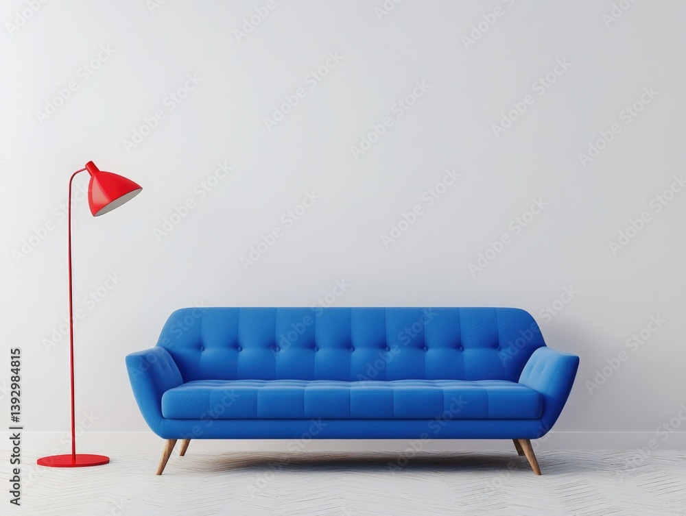 White Room with Red Floor Lamp and Blue Couch