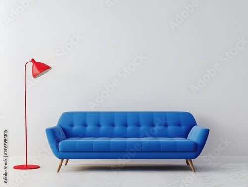Obraz na płótnie White Room with Red Floor Lamp and Blue Couch w salonie