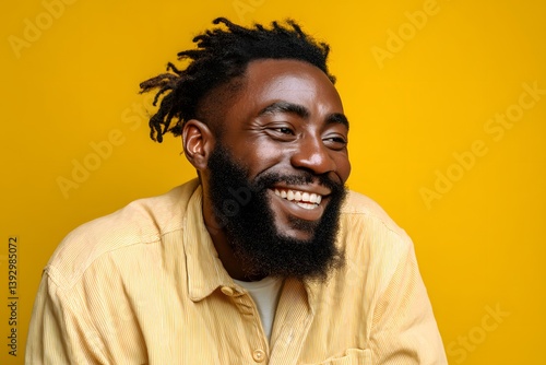 A vibrant studio portrait of a man, exuding joy and positivity, his bright smile is infectious. Set against a bold yellow backdrop.