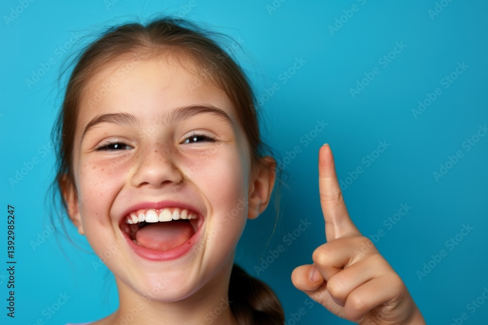 Close up portrait of kid point the finger her teeth isolated on blue background Close up portrait of kid point the finger her teeth isolated on blue background