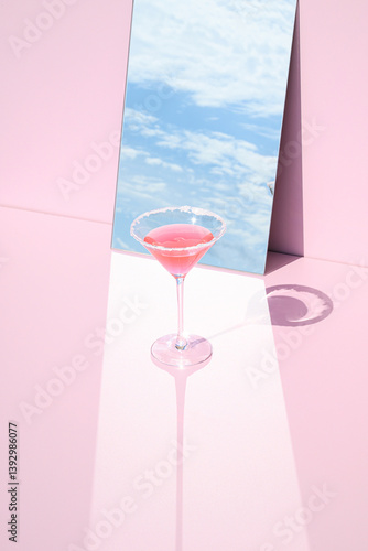  A glass with a drink placed in front of a mirror that reflects sky and clouds in the background. Summer aesthetic surreal composition. Beverage party concept.