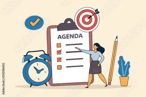 Meeting agenda, priority important task for discussion, objective or purpose to finish, planner or checklist for office work concept, smart business woman hold pencil write meeting agenda with clock.