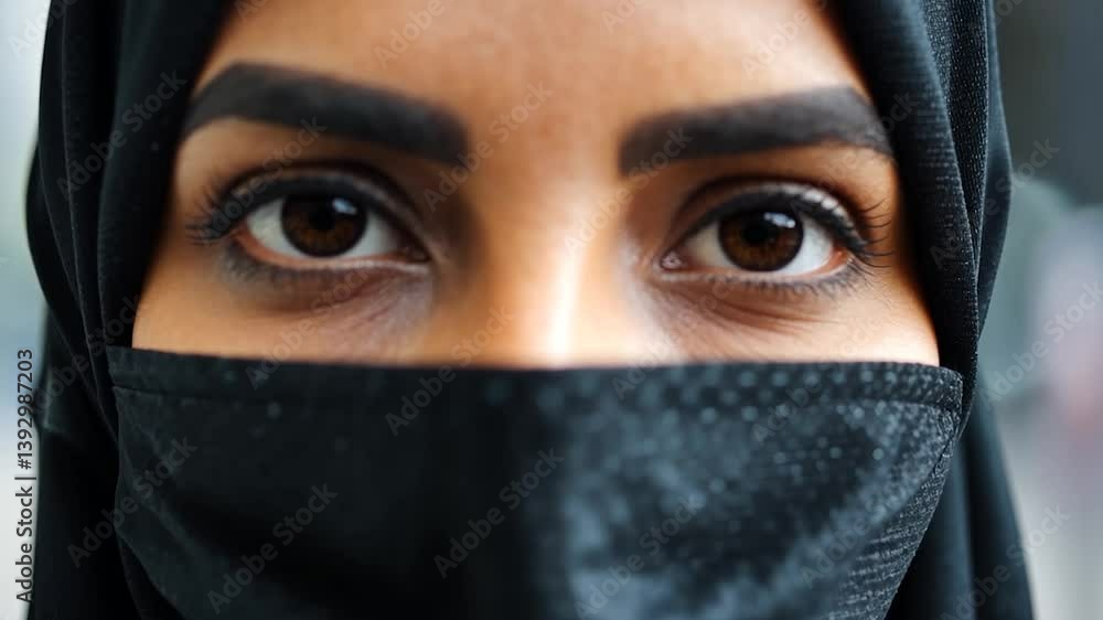 Close-up Portrait of a Woman Wearing a Black Niqab and Face Mask Close-up Portrait of a Woman Wearing a Black Niqab and Face Mask