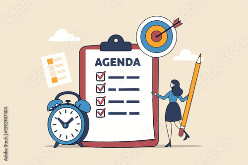 Meeting agenda, priority important task for discussion, objective or purpose to finish, planner or checklist for office work concept, smart business woman hold pencil write meeting agenda with clock.