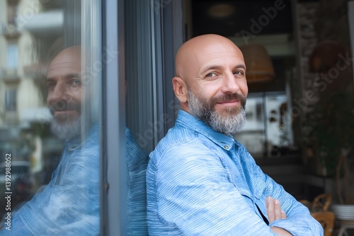 A mature man with a beard, standing against a glass door, smiling confidently at the camera. He has a casual, relaxed demeanor, which conveys a sense of ease and trustworthiness.