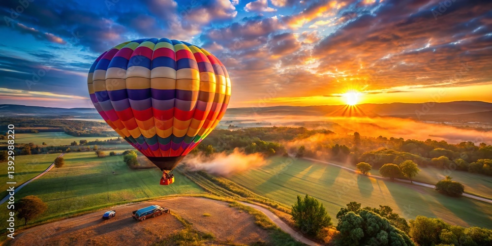 Fototapeta premium Sunrise Hot Air Balloon Inflation Breathtaking Aerial Drone Footage Captures the Majestic Moment