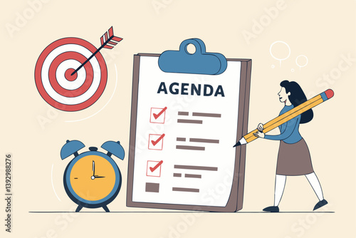 Meeting agenda, priority important task for discussion, objective or purpose to finish, planner or checklist for office work concept, smart business woman hold pencil write meeting agenda with clock.