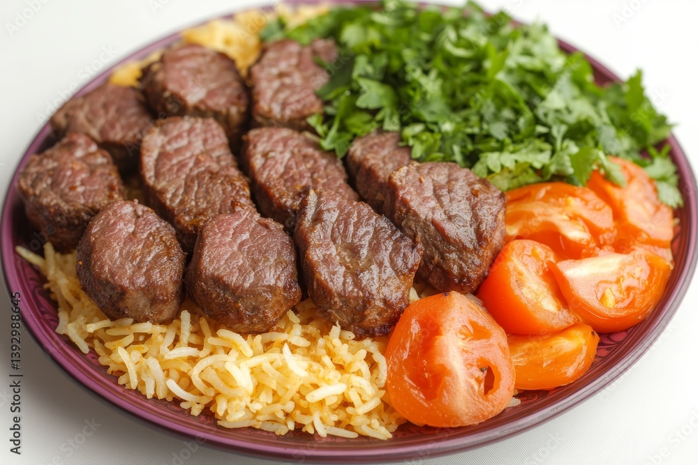 Plate of Biryani with tender beef, yellow spiced rice with meat, sliced tomatoes, fresh cilantro. Concept of vibrant presentation of Biryani, highlighting flavors and ingredients. Plate of Biryani with tender beef, yellow spiced rice with meat, sliced tomatoes, fresh cilantro. Concept of vibrant presentation of Biryani, highlighting flavors and ingredients.