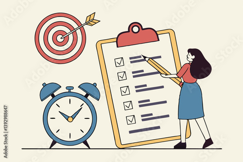 Meeting agenda, priority important task for discussion, objective or purpose to finish, planner or checklist for office work concept, smart business woman hold pencil write meeting agenda with clock.