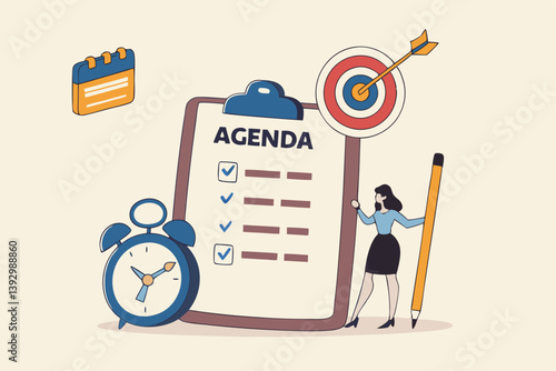 Meeting agenda, priority important task for discussion, objective or purpose to finish, planner or checklist for office work concept, smart business woman hold pencil write meeting agenda with clock.