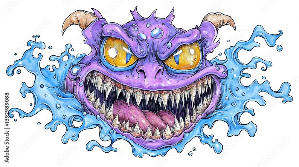 Naklejka premium Whimsical Purple Monster with Blue Water Splatter Illustration