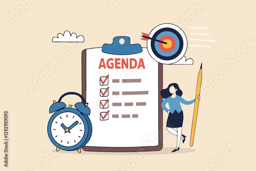 Meeting agenda, priority important task for discussion, objective or purpose to finish, planner or checklist for office work concept, smart business woman hold pencil write meeting agenda with clock.