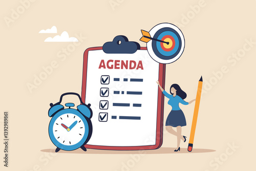 Meeting agenda, priority important task for discussion, objective or purpose to finish, planner or checklist for office work concept, smart business woman hold pencil write meeting agenda with clock.