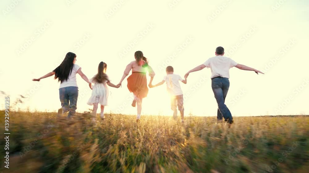 Happy family with little children runs joining hands across green rural meadow backside view. Little children and parents run holding hands across field at sunset. Family with children on vacation Happy family with little children runs joining hands across green rural meadow backside view. Little children and parents run holding hands across field at sunset. Family with children on vacation